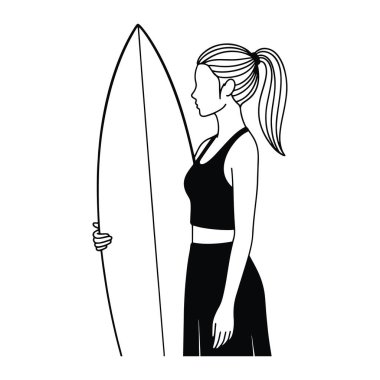 Profilde elinde sörf tahtası olan bir kadının siyah beyaz çizgisi. At kuyruklu, siyah spor sutyen ve tayt giyiyor. Sörf tahtası sivri uçlu, uzun ve dar. Arkaplan düz beyaz.