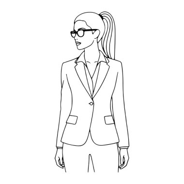 İş elbisesi, gözlük ve at kuyruğu olan bir kadın. O, elleri yanında duruyor, hafifçe sola bakıyor. Siyah-beyaz, basit beyaz bir arka planı var..