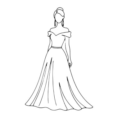 Omuzları açık ve uzun etekli bir gece elbisesi giymiş basit bir kadın çizgisi. Kadının yüzü çizilmemiş ve saçı da şekillendirilmiş. Küpe takıyor ve çok ince bir vücudu var. Elbisenin güzel bir yakası ve cüppesi var.