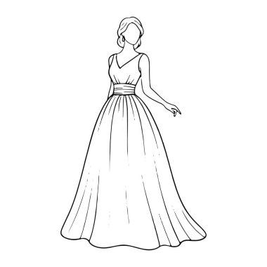 V yakalı ve etekli uzun kolsuz bir elbise giyen bir kadın çizgisi. Elbisenin sarılı bir beli ve dolgun, dalgalı bir eteği var. Kadının saçı şekilli ve küpe takıyor. Sade beyaz arka planda siyah beyaz..