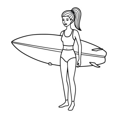 Saçları at kuyruğu olan, mayo giyen ve kolunun altında sörf tahtası tutan bir kadın çizgisi. Siyah beyaz ve kalın çizgileri var. Kadın ayaklarını birleştiriyor ve sörf tahtası arkasında duruyor..