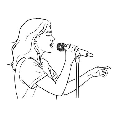 Uzun saçlı, kısa kollu bir gömlek giyen, ağzına mikrofon tutarak şarkı söyleyen, sol elini bir jest olarak uzatmış, düz beyaz bir arka plan üzerine kurulmuş bir kadın. Kadın, şarkı söylemek, mikrofon. Kadın mikrofonda şarkı söylüyor.