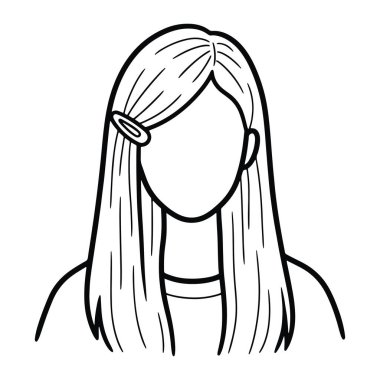 Uzun saçlı ve tokalı basit bir kadın çizgisi. Omuzlarından yukarıya doğru uzanan siyah beyaz bir kadın. Yüzü bomboş ve saçı ortadan ayrılmış ve sol tarafında bir toka var. Bir şey giymişe benziyor.