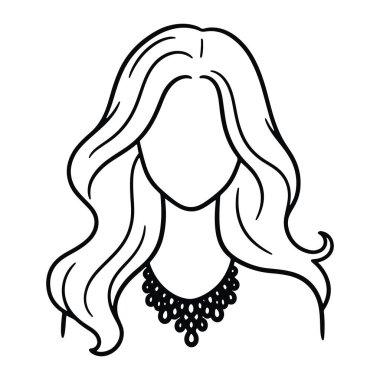 Uzun dalgalı saçlar ve süslü bir kolye içeren basit bir kadın kafası ve omuz çizgisi. Kadının yüzü çizilmemiş ve beyaz arka planda siyah çizgiler çizilmiş. Kolye birden fazla gözyaşı damlası şeklinden ve dairesel babadan oluşuyor.