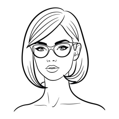 Kısa saçlı ve gözlüklü bir kadının basit siyah beyaz çizgisi. Sade beyaz bir arka planda duran kısa saçlı ve gözlüklü bir kadının minimalist portresi. Basit, çizgi film tarzında, anlaşılır bir şekilde yapılır.