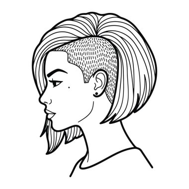 Bir kadının profil görüntüsünün siyah-beyaz çizgisi, kısa saçlarını bir tarafında alt kesim, yüz ve küpeleri düz beyaz arka planda gösteriyor. Kadın, kısa saçlı, kısa kesim. Kısa saçlı ve profil görünümlü bir kadın..