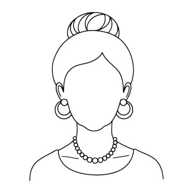 Bir kadının başını ve omuzlarını öne doğru gösteren basit bir çizgi. Saçları kafasındaki bir topuz şeklinde. Büyük halka küpeler ve boncuklu bir kolye takıyor. Beyaz arkaplanda siyah çizgiler var, yüz hatları yok.