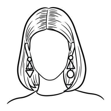 Bir kadının başını ve omuzlarını öne doğru gösteren basit bir çizgi. Onun saçı bir bob şeklinde ve ortadan ikiye bölünmüş. Üçgen ve daireli büyük geometrik küpeler takıyor. Siyah ve beyaz, kalın çizgiler ve en az gölgelendirme ile.