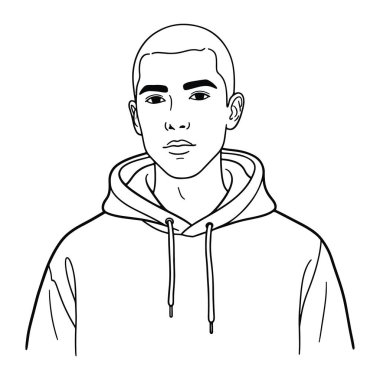 Kapüşonlu genç bir adamın basit bir çizgisi. Siyah-beyaz, kalın çizgiler ve giysileri tanımlıyor. Adamın kafası tıraşlı ve belden yukarı doğru betimlenmiş. Askısı asılmış bir kapüşonlu giyiyor. Arkaplan