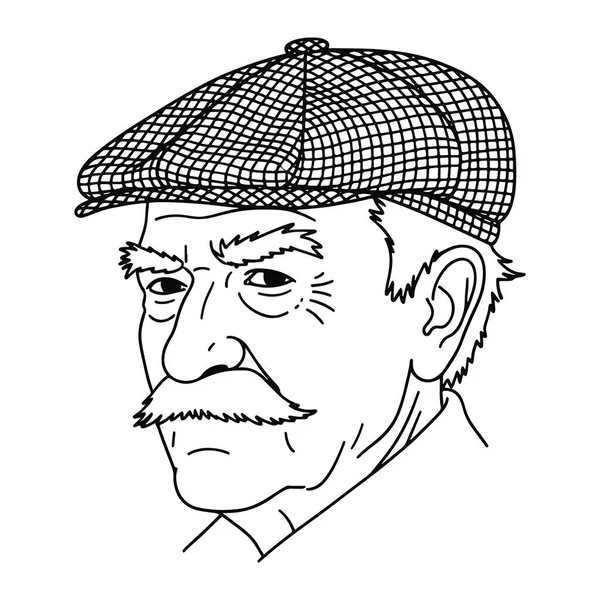 Siyah ve beyaz bir adam kafası ve omuzları, kareli düz bir şapka takıyor ve bıyıklı. Kalın çizgiler ve asgari gölgeleme ile basit bir çizgi şeklinde yapılır. Adamın yüz ifadesi nötr, ve sola doğru bakıyor. Şey...