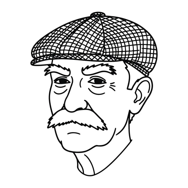 Kafası ve omuzları siyah-beyaz çizgili, düz bir şapka takan, şebeke desenli, bıyıklı ve sakallı. Basit çizgiler ve en küçük gölgeleme, düz beyaz arkaplan üzerine kurulur.