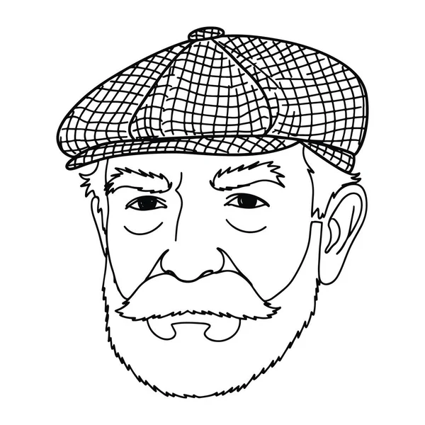 Bir adamın başı ve omuzlarından oluşan basit bir çizgi. Önemli bir bıyık, sakal ve ekose bir şapka. Siyah ve beyazdır, arkaplanı tanımlayan kalın çizgiler sade beyazdır..