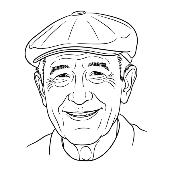 Yasli bir adamin sicak bir gülümsemesi olan yasli bir adam çizgisi, yasli bir kasket takiyor. Belirgin yüz kırışıklıkları ve dostça bir ifade. Adamın elbisesinde arka planda görünen düğmesi olan yakalı bir gömlek var.