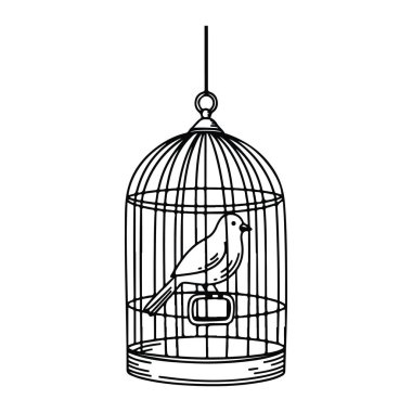 Asılı bir kuş kafesinin içindeki küçük bir tüneğin üzerinde duran basit bir kuş çizgisi. Kafesin ön tarafında bir mandal ve asmak için de bir kanca var. Kuş ve kafes beyaz arka planda siyah çizgilerle tasvir edilir. Kuş sağa bakıyor ve...