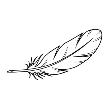 Koyu çizgiler ve minimum gölgelerle çizilmiş tek bir tüyden oluşan basit bir siyah beyaz. Tüy çerçeve boyunca çapraz konumlandırılmış, uç sağ üst köşeyi işaret ediyor. Tüyün tüyü sol tarafta, yumuşak.,