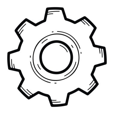 Yuvarlak merkezli siyah beyaz bir dişli ve kenarlarında altı sivri dişli. Teçhizatın etrafında derinlik ve gölgeleme hissi vermek için kısa çizgiler var. Arkaplan düz beyaz.