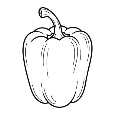 Çan biberinin yuvarlak şeklini ve kıvrımlı gövdesini gösteren basit bir siyah beyaz çizgi. Kalın çizgiler ve asgari gölgeleme, biberin hatlarını vurguluyor. Dolmalık biber, sebze, siyah beyaz çizgi. siyah ve beyaz bir çan çizgisi