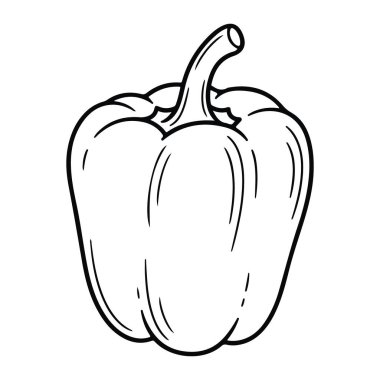 Sade beyaz arka planda sapı olan bir dolma biberin basit siyah beyaz çizgisi. Biber, en az gölgelendirme ile temel, illüstrasyon tarzı ile tasvir edilir, şekli ve şekli kalın çizgiler ve ince eğrilik ile vurgulanır..