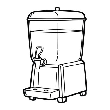 Önünde büyük bir konteynır ve ağzında bir oyuk olan bir içecek dağıtıcısının siyah beyaz çizgisi. Dağıtıcının dört küçük ayağı ve önünde bir kolu olan dikdörtgen bir tabanı var. Konteynır yaklaşık 3 / 4 'e kadar sıvıyla dolu. Taşralı.