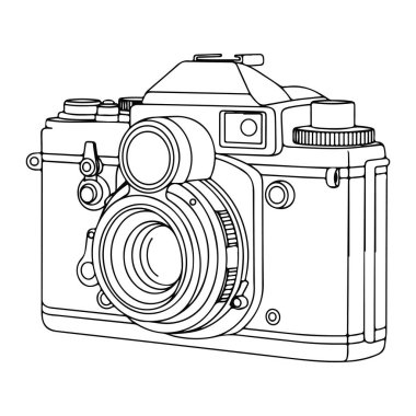 Kameranın detaylı siyah beyaz çizgisi lensler, vizör ve kadranlar gibi çeşitli bileşenlerini gösteriyor. Düz beyaz bir arkaplan üzerine kurulmuş, kamera ve kamera, siyah ve beyaz, çizgi ekipmanları. siyah ve beyaz