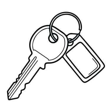 Anahtarlığa takılmış siyah beyaz bir anahtarlık. Boş bir anahtarlık. Anahtarın bir ucunda dişler, diğer ucunda dairesel bir delik olan standart bir şekli var. Anahtarlık, anahtarı dikdörtgen bir anahtarlığa bağlıyor. Pürüzsüz, boş bir anahtarlıkla.