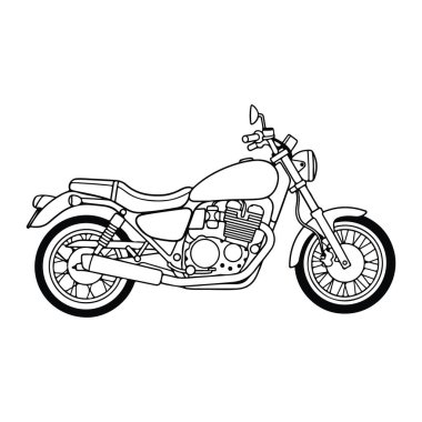 Yandan görülen siyah beyaz bir motosiklet çizgisi. Motosiklet tek koltuk, öne çıkan bir motor ve bir far. Bu basit bir taslak, gölgelendirme veya renk olmadan, bisikletin ve tekerlekler, gidon ve eski gibi detayların gösterildiği.
