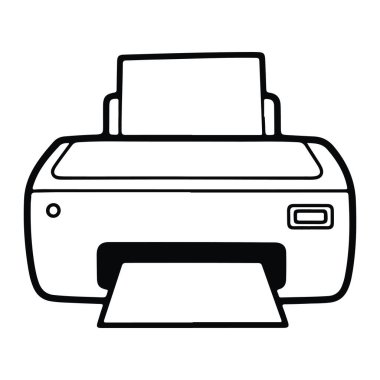 Bir yazıcının basit siyah beyaz çizgisi. Yazıcı, gölgelendirme veya renk olmadan temel bir tasvir edilmiştir. Altında kağıt tepsi ve sol tarafında küçük bir daire olan dikdörtgen bir gövdesi var. Bir parça kağıt geliyor.