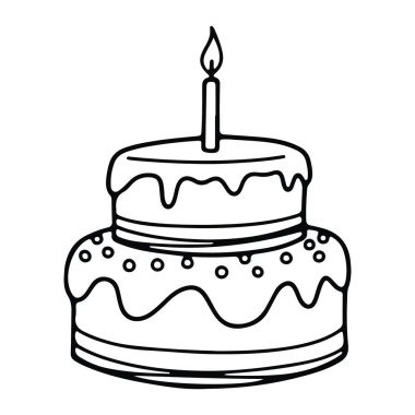 İki katlı bir doğum günü pastasının basit siyah-beyaz çizgisi ve üzerinde mum yanan bir pasta her iki kattaki kremayı ya da kremayı temsil eden dalgalı çizgilerin olduğu bir temel içerir. Alt katın etrafında muhtemelen süslemeleri temsil eden küçük daireler var. Ka...