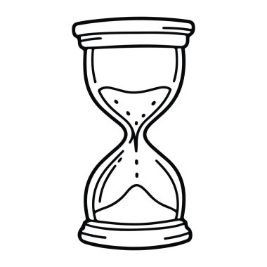 Düz ve tabanlı bir kum saatinin basit siyah ve beyaz çizgisi ve ortasında da dar bir boyun. Kum saatinin tertemiz çizgileri ve gölgesi olmayan minimalist bir tarzı var. Arkaplan düz beyaz.