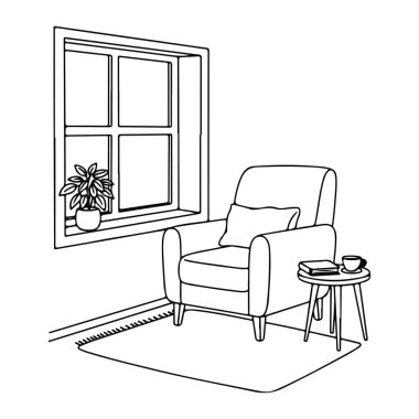 Yastıklı bir koltuğun basit siyah beyaz çizgisi ve pervazında saksı olan bir pencerenin yanında bir fincan ve kitap olan bir sehpa. Koltuk bir halının üzerine yerleştirilmiş. Siyah beyaz çizgi, koltuk, yan masa. siyah ve beyaz çizgi