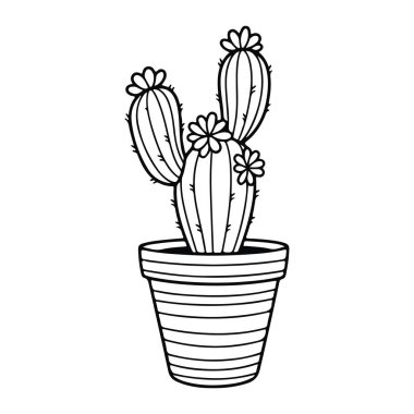 Çiçekli bir tencerede kaktüsün basit siyah beyaz çizgisi. Kaktüsün birkaç dikenli ve üç çiçekli iki ana sapı vardır. Tencere çizgili ve ağzı geniş. Arkaplan düz beyaz.