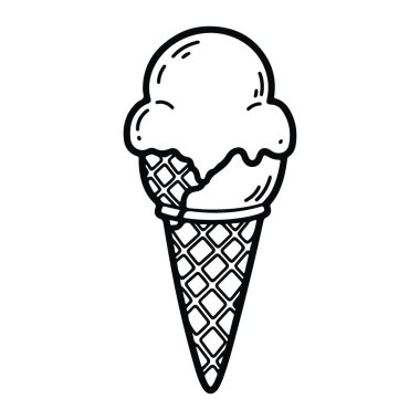 Tek kepçe dondurma külahının basit siyah beyaz çizgisi. Koninin bir waffle deseni var ve dondurma birkaç kıvrımlı çizgiyle tasvir edilmiş. Arka plan düz beyaz. Tarzı minimalistik ve çizgi film gibi..