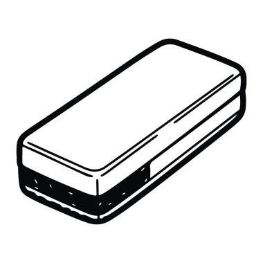 Düz ve tabanlı, dikdörtgen bir bataryanın basit siyah beyaz çizgisi. Batarya, küçük beyaz noktalar ve deseni gösteren çizgilerle siyah bir temele sahiptir. Kenardaki küçük dikdörtgen kısım diğer siyah levreklerden biraz daha hafiftir.