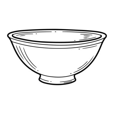 Geniş ağızlı ve kısa tabanlı basit siyah beyaz bir kase. Kasenin gölgeleme ve derinliği gösteren birkaç çizgisi var. Çizgi filmlerdeki gibi kalın çizgilerle yapılıyor. Arkaplanı düz beyaz..