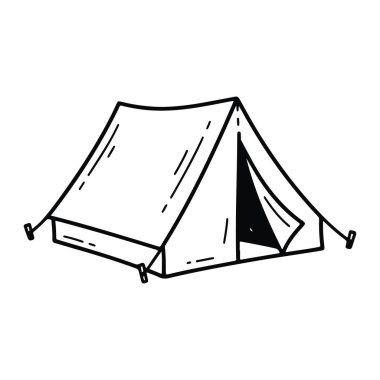 Kamp çadırının basit siyah beyaz çizgisi. Çadır üçgen bir şekil ve dikdörtgen bir tabanla tasvir edilir. Tek bir kapağı açık, karanlık bir iç mekanı ortaya çıkarıyor. Çadır bir açıdan gösteriliyor, ön taraf sağa bakıyor.