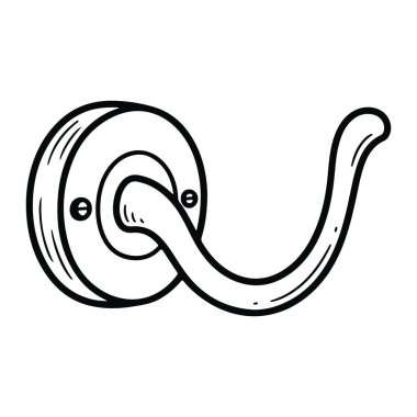 Dairesel tabanlı ve tek kavisli kancalı, duvara monte edilmiş basit bir siyah beyaz kanca. Kancada gölgeleme ve dokuyu gösteren birkaç çizgisi olan bir minimalist var. İki tarafında iki küçük vida olan dairesel bir zemine bağlı..