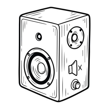 Önünde büyük bir hoparlör, sağında daha küçük bir tweeter olan siyah beyaz bir hat. Hoparlörün sağ tarafında ses düğmesi ve sessiz tuşu var. Beyaz arka planda..