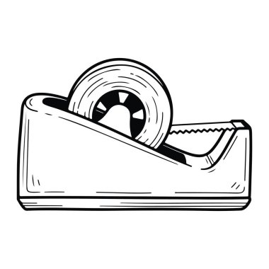 İçinde bir rulo bant olan siyah beyaz bir bant. Dispanser basit bir dikdörtgen tabana ve tırtıklı kenarı olan bir eğriye sahiptir. Bant rulosu bir açıyla yerleştirilmiş, bant kutudan dışarı doğru uzanıyor. Şey...