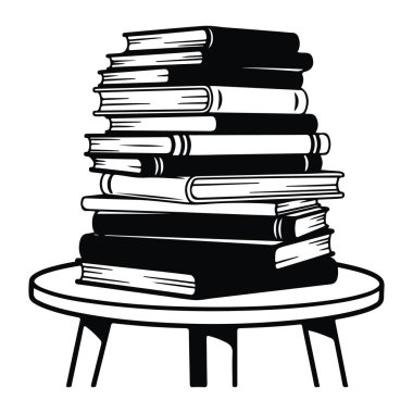 Küçük bir masaya konmuş siyah beyaz bir kitap yığını. Kitap yığını rastgele ve düzensiz, bazı kitaplar yatay ve diğerleri dikey olarak yatar. Masanın üç ayaklı basit bir bacağı var. Basit ve kalın bir çizgiyle yapılır.