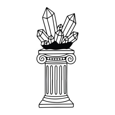 Dekoratif sütun kaidesinin üzerinde duran kristal kümesinden oluşan siyah ve beyaz bir çizgi. Kristaller geometrik ve yüzeyselken, kaidesel sütunlar ve flütlü sütunlar süslemektedir. Düz beyaz bir arkaplan ile ayarlanır.