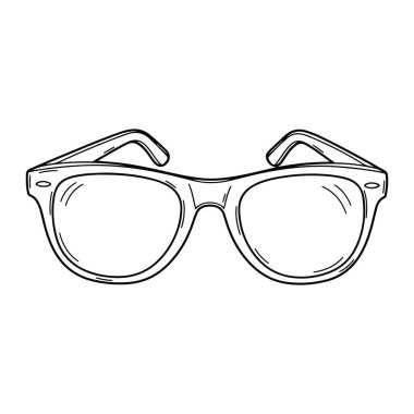 Düz beyaz bir arka planda, açık lensli ve minimalist çerçeveli basit bir siyah beyaz gözlük. Gözlükler en az gölgeleme ya da doku içeren düz bir çizgi şeklinde çizilir..