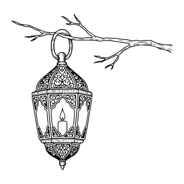 Çıplak bir ağaç dalına asılmış, içinde mum olan siyah beyaz bir fener. Fener, sivri uçlu ve dipli süslü ve çetrefilli ve asılmak için bir yüzük. Fenerin içindeki mumun küçük bir alevi var. Ağaç...