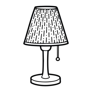 Masa lambasının basit siyah ve beyaz bir gölgesi ve zinciri var. Lambanın ince bir gövdesi ve yuvarlak bir tabanı var. Gölge kısa çizgiler ve noktalardan oluşan bir desen. Arkaplan düz beyaz.