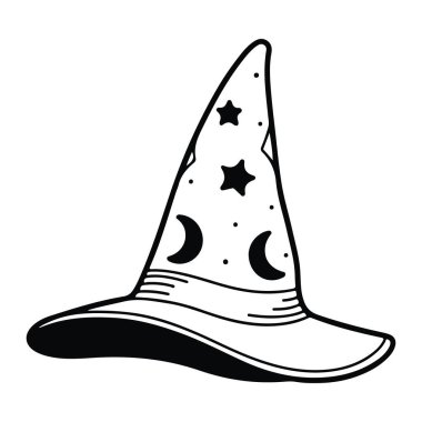 Sivri ve geniş kenarlı bir cadının siyah beyaz şapkası. Yıldızların şapkası ve hilal ayları, basit bir çizgi tarzı ve beyaz bir arkaplanı vardır. Cadı şapkası, siyah beyaz, yıldız. Yıldızlı ve aylı siyah beyaz cadı şapkası