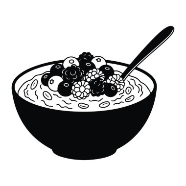 Üzerinde böğürtlen ve kaşık olan bir kase yulaf ezmesi. Kasenin içi bembeyaz ve simsiyah. Yulaf ezmesi kıvrımlı çizgiler ve küçük oval şekillerle tasvir edilir. Böğürtlenler çeşitli boyutlarda ve şekillerde çizilmiş, S ile.