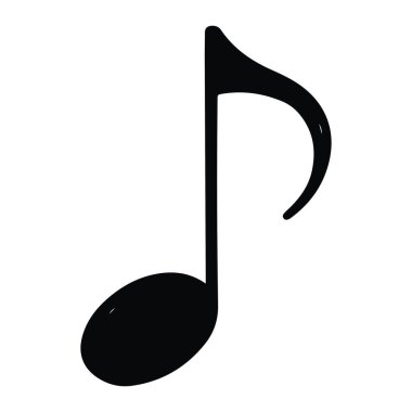 Büyük bir siyah sekizinci nota sembolü düz beyaz arka plan üzerine kuruludur. Notun kendine özgü bir şekli, kıvrık bir kuyruğu ve yuvarlak bir tabanı var. Beyaz arkaplana karşı siyahlı sadece ve sadece müzik sembolü..