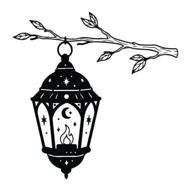İçinde alev ve yıldızlar olan siyah bir fener ve panellerinde hilal şeklinde bir ay beyaz arka planda yaprakları olan bir ağaç dalından sarkıyor. Fenerde sivri dipli bir dekoratif ve asılmak için bir yüzük var. Ağaç dalı genişliyor