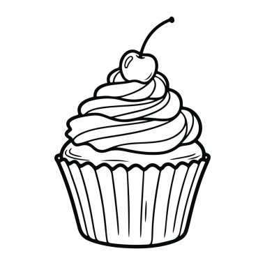 Kremalı kekin basit siyah çizgisi ve kekin üzerindeki tek bir kiraz kâğıt ambalaj kağıdında ve kapağı da beyaz arka planda. Tarzı minimalist ve kek, tatlı, pasta. Kremalı kapkekin siyah çizgisi.
