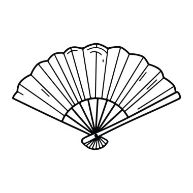 Beyaz arka planda basit bir pervane çizgisi. Yelpazenin kenarı istiridyeli ve kendi şeklini oluşturan yayılan çizgileri var. Sapı kısa ve yuvarlak. fan, el vantilatörü, hat siyah ve beyaz. siyah bir pervane hattı siyah ve w