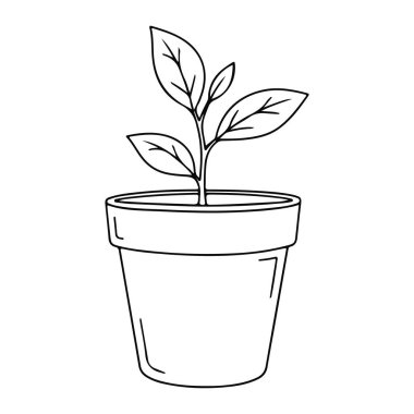Tek gövdeli basit siyah bir bitki çizgisi ve bir tencerede dört yaprak. Bitki merkezde ve çömlek düz ve temel silindirik bir şekildir. Arka plan düz beyazdır. Bitki, ot, yaprak. Bir saksıdaki bitkinin siyah çizgisi bla